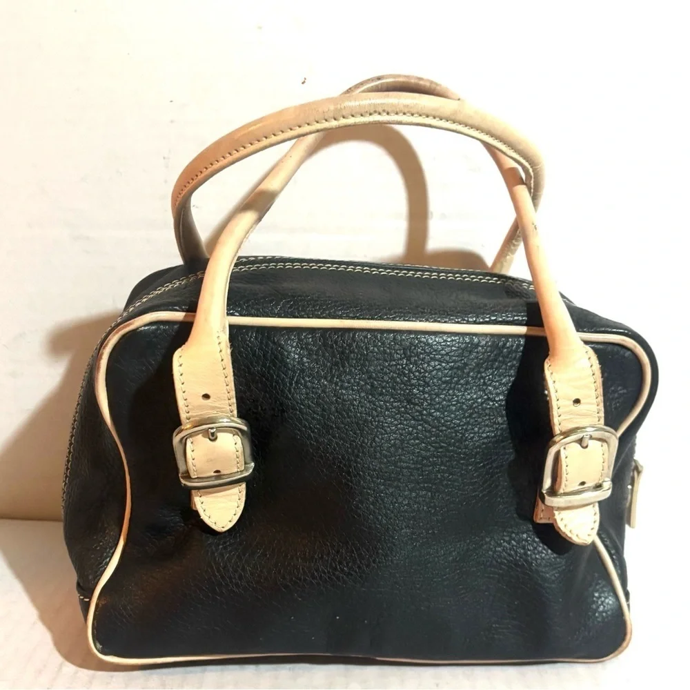GUIA’S black leather satchel handbag with beige trim